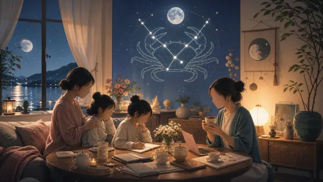 Hai người lớn và hai em nhỏ ngồi cùng bàn có vở, máy tính và tách nước, phía sau có tranh cua và trăng