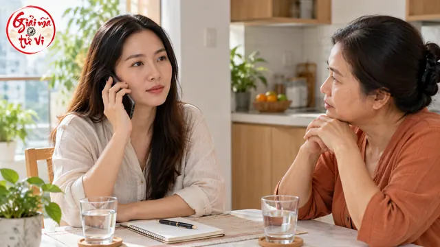 Người phụ nữ nghe điện thoại bên bàn ăn, một người thân ngồi đối diện