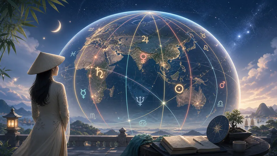 Minh họa bản đồ năng lượng Astrocartography toàn cầu