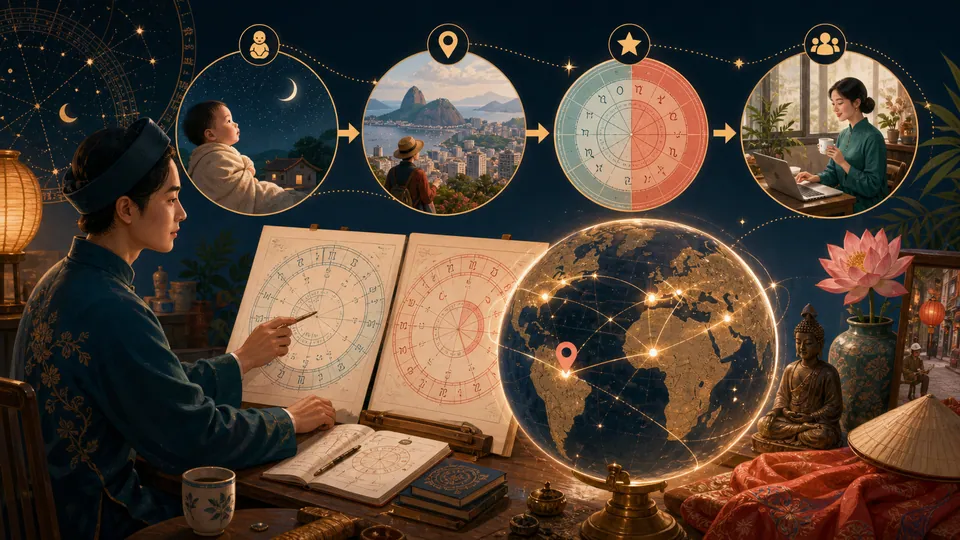 Minh họa quy trình thực hành Relocation Astrology