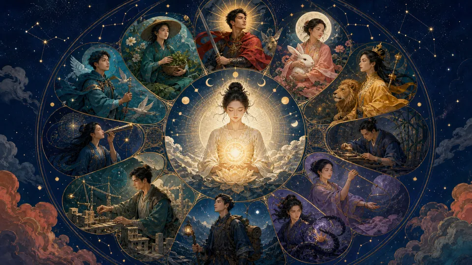 Minh họa mười hai nguyên mẫu tâm lý tương ứng với vòng Hoàng đạo