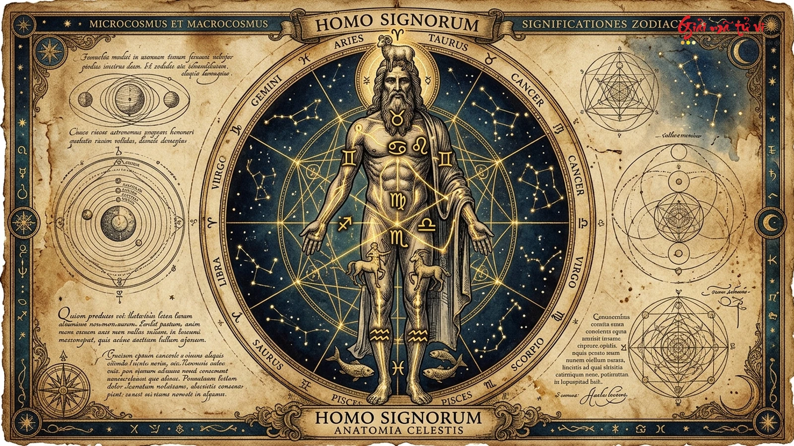 Bản đồ giải phẫu thiên thể Homo Signorum của Chiêm Tinh Y Khoa ánh xạ 12 cung hoàng đạo lên cơ thể người