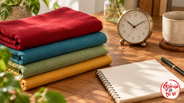 Vải đỏ, xanh, xanh lá và vàng cạnh đồng hồ, sổ mở và bút