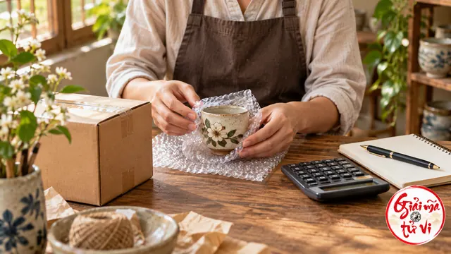 Người làm đồ thủ công gói chiếc cốc bên hộp hàng, máy tính và sổ mở