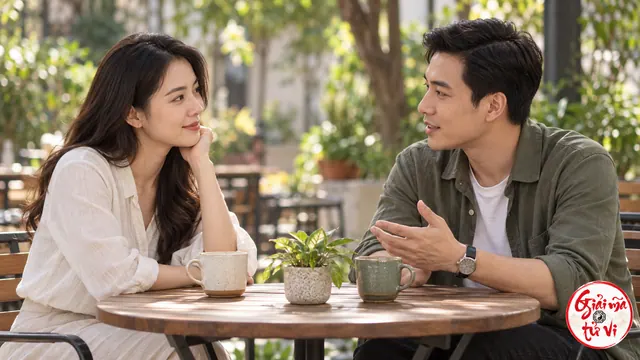 Người phụ nữ và người đàn ông trò chuyện qua bàn cà phê ngoài trời