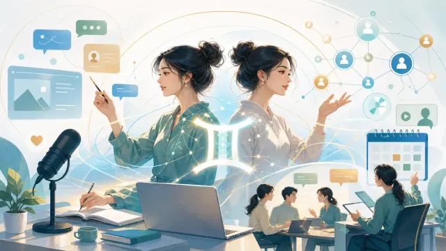 Bố cục hai chân dung đối lưng, micro, laptop và nhóm người trò chuyện quanh ký hiệu Song Tử