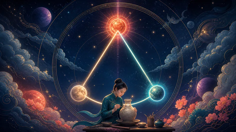 Minh họa cấu trúc Yod gồm hai Quincunx hội tụ tại hành tinh đỉnh