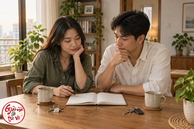 Người phụ nữ áo xanh và người đàn ông áo sáng cùng nhìn sổ mở cạnh hai bộ chìa khóa trên bàn