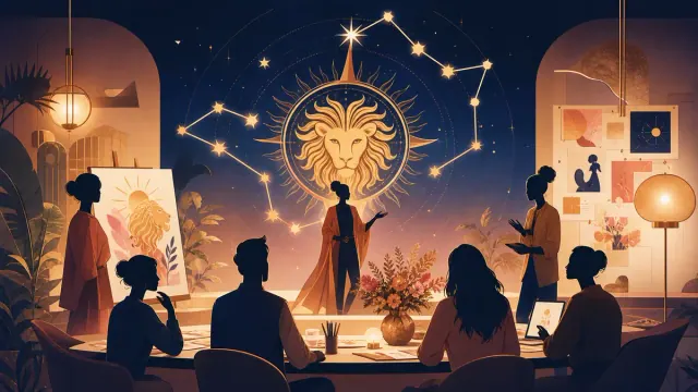 Nhóm người xem tranh và trao đổi trong căn phòng có hình đầu sư tử vàng, các vòng tròn và nét sao trên tường