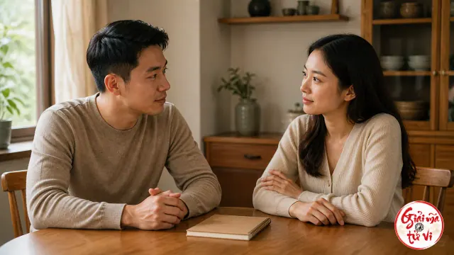 Hai người ngồi trò chuyện bên bàn gỗ với một cuốn sổ đặt giữa