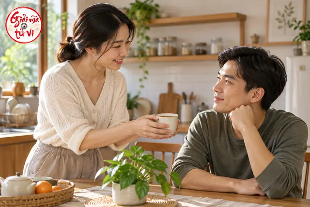 Người phụ nữ đưa một cốc trà cho người đàn ông trong gian bếp sáng