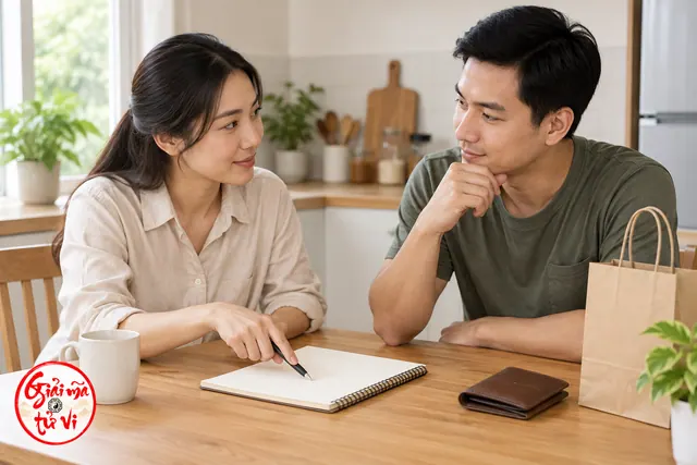 Người phụ nữ và đàn ông trao đổi bên cuốn sổ và ví trên bàn