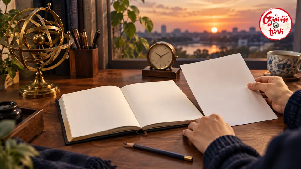 Hai bàn tay bên sổ mở và giấy trắng, cạnh mô hình vòng thiên văn bằng đồng và đồng hồ; logo Giải Mã Tử Vi ở góc trên phải