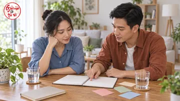 Người phụ nữ áo xanh và người đàn ông áo nâu nhìn sổ lịch trống tại bàn trong nhà