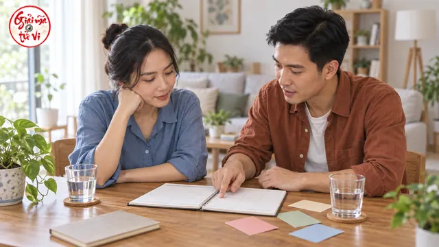 Người phụ nữ áo xanh và người đàn ông áo nâu nhìn sổ lịch trống tại bàn trong nhà