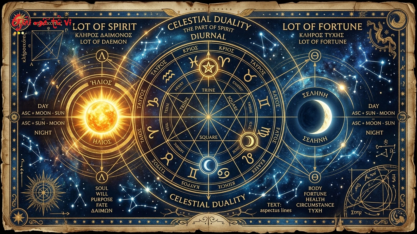 Sơ đồ phân định Lot of Spirit và Lot of Fortune trên bản đồ sao phái ngày và phái đêm