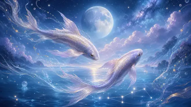 Hai cá bạc giữa mặt nước và trời sao dưới mặt trăng lớn trong cảnh tưởng tượng xanh tím