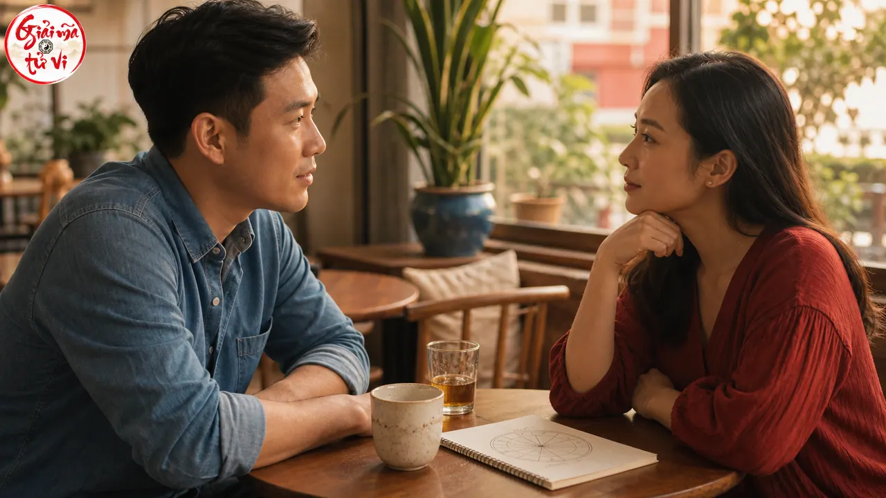 Người đàn ông áo xanh và người phụ nữ áo đỏ trò chuyện cạnh sổ vẽ vòng tròn, cốc và ly nước