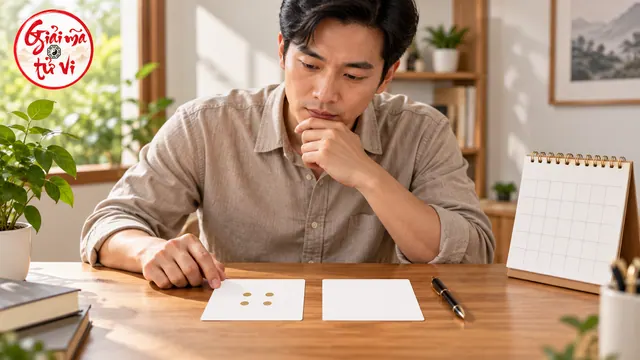 Người đàn ông nhìn hai thẻ giấy cạnh bút và lịch để bàn không ghi ngày