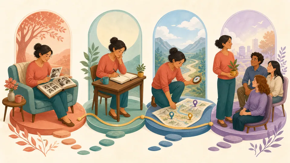 Minh họa bốn bước phản chiếu nền tảng gia đình nhu cầu hướng nghề nghiệp và hành động