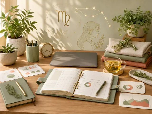 Bàn có sổ mở, máy tính đóng, đồng hồ, tách trà, khăn gấp và thẻ biểu đồ trang trí, phía trên là ký hiệu Xử Nữ và nét sao