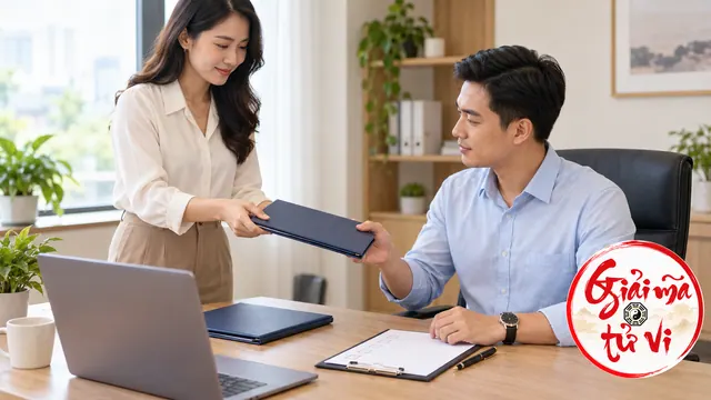 Người phụ nữ đưa tập hồ sơ cho đồng nghiệp ngồi bên laptop và bảng kiểm ô trống, logo Giải Mã Tử Vi ở góc dưới bên phải