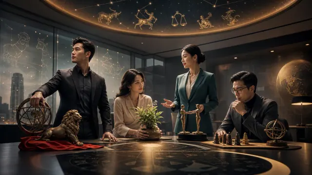 Bốn người bên bàn lớn với tượng sư tử, chậu cây, cặp tượng người và bàn cờ trong cảnh làm việc tưởng tượng