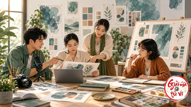 Bốn người cùng xem bản nháp màu nước quanh bàn có laptop, micro và máy ảnh trong studio sáng; logo Giải Mã Tử Vi ở góc phải dưới