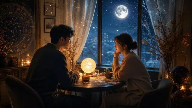 Hai người ngồi đối diện tại bàn tròn có quả cầu phát sáng, phía sau là cửa sổ nhìn ra trăng tròn