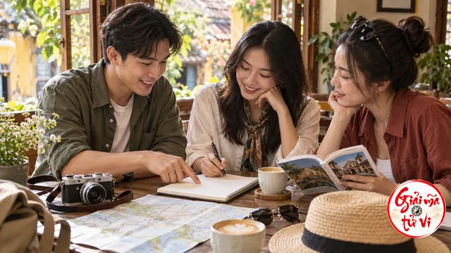 Ba người ngồi bên bàn quán có bản đồ, máy ảnh và sổ mở, cùng bàn chuyến đi; logo Giải Mã Tử Vi ở góc phải dưới
