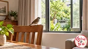 Chim nhỏ đậu trên ghế gần cửa sổ mở ra vườn, logo góc phải dưới