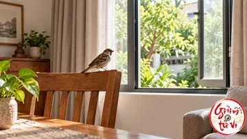 Chim nhỏ đậu trên ghế gần cửa sổ mở ra vườn, logo góc phải dưới
