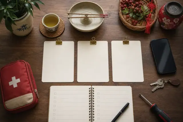 Ba thẻ trắng cạnh sổ trống, túi sơ cứu, điện thoại, chìa khóa và tua vít trên bàn