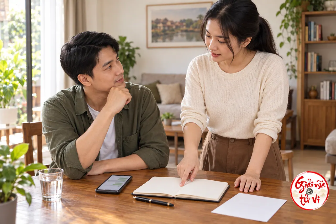 Hai người lớn trao đổi bên sổ mở trên bàn, cạnh điện thoại, bút và tờ giấy trống