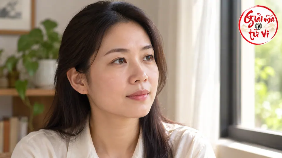 Chân dung nghiêng một phụ nữ bên cửa sổ, thấy rõ vùng lông mày, mắt, tai, mũi và môi