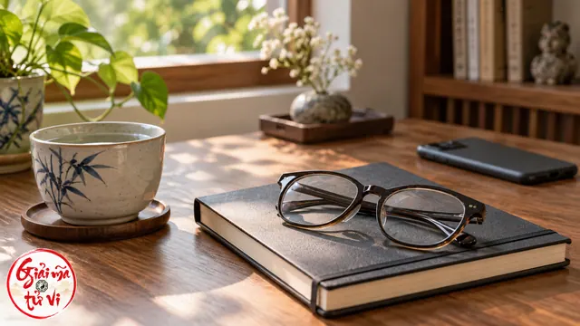 Kính gấp đặt trên sổ đóng cạnh chén nước và điện thoại úp trên bàn gỗ; logo góc dưới trái