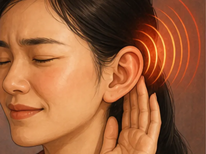 Người phụ nữ nhắm mắt, đặt một bàn tay cạnh tai, các vệt cong màu cam bên ngoài tai