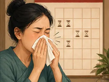 Người phụ nữ dùng khăn che mũi, phía sau là bảng ô có hình đồng hồ cát