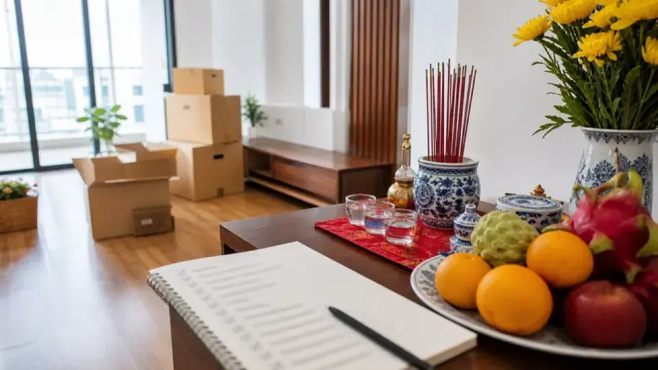 Gian nhà có thùng chuyển đồ, bàn đặt hương, hoa quả, sổ và bút