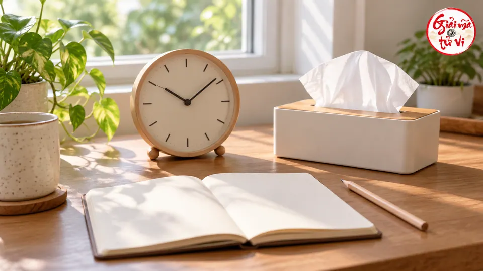 Đồng hồ không số, hộp khăn giấy và sổ trống trên bàn cạnh cửa sổ, logo góc trên phải