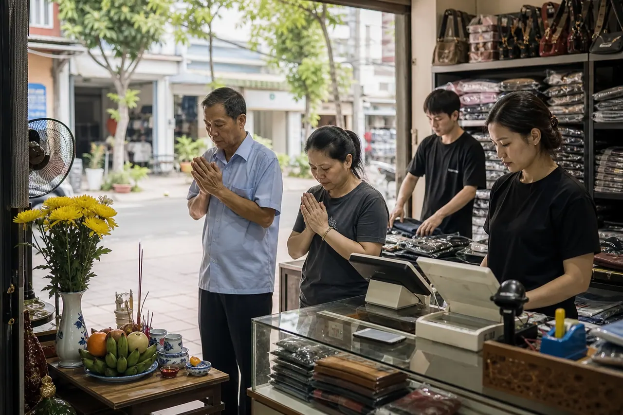 Chủ cửa hàng và nhân viên đang làm lễ tổ nghề với mâm lễ nhỏ, quầy thu ngân và hàng hóa trong một cửa hàng Việt Nam