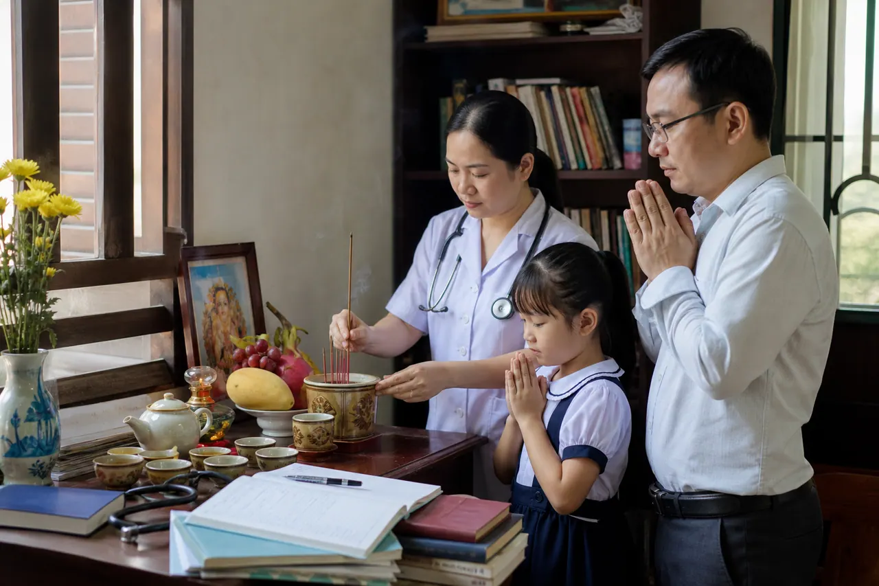 Gia đình có người làm giáo dục và y dược đang thắp hương tưởng nhớ tổ nghề trong không gian đọc sách và làm việc tại nhà