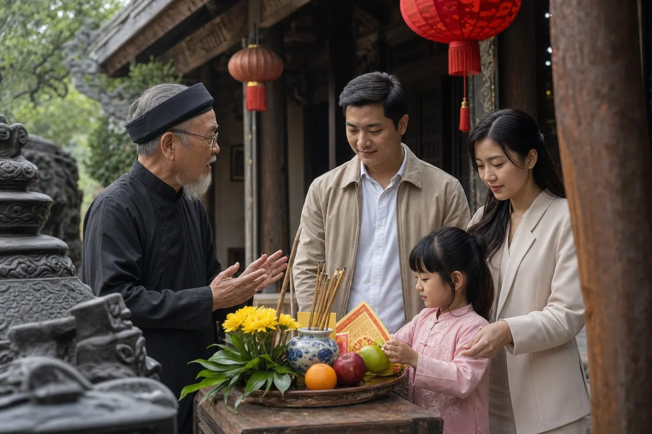 Gia đình trẻ chuẩn bị hoa quả, hương và lời khấn ngắn trước bàn lễ tại đền Thành Hoàng với sự hướng dẫn nhẹ nhàng của người trông đền