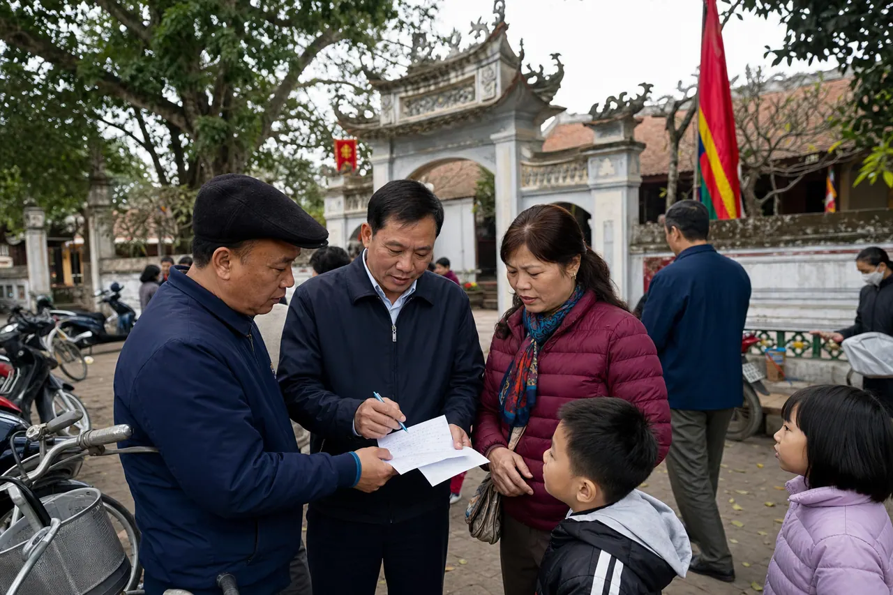 Người đi lễ đứng ngoài cổng đền Thành Hoàng sau buổi lễ, cùng xem lại ghi chú và trao đổi kế hoạch với trẻ nhỏ đi cùng