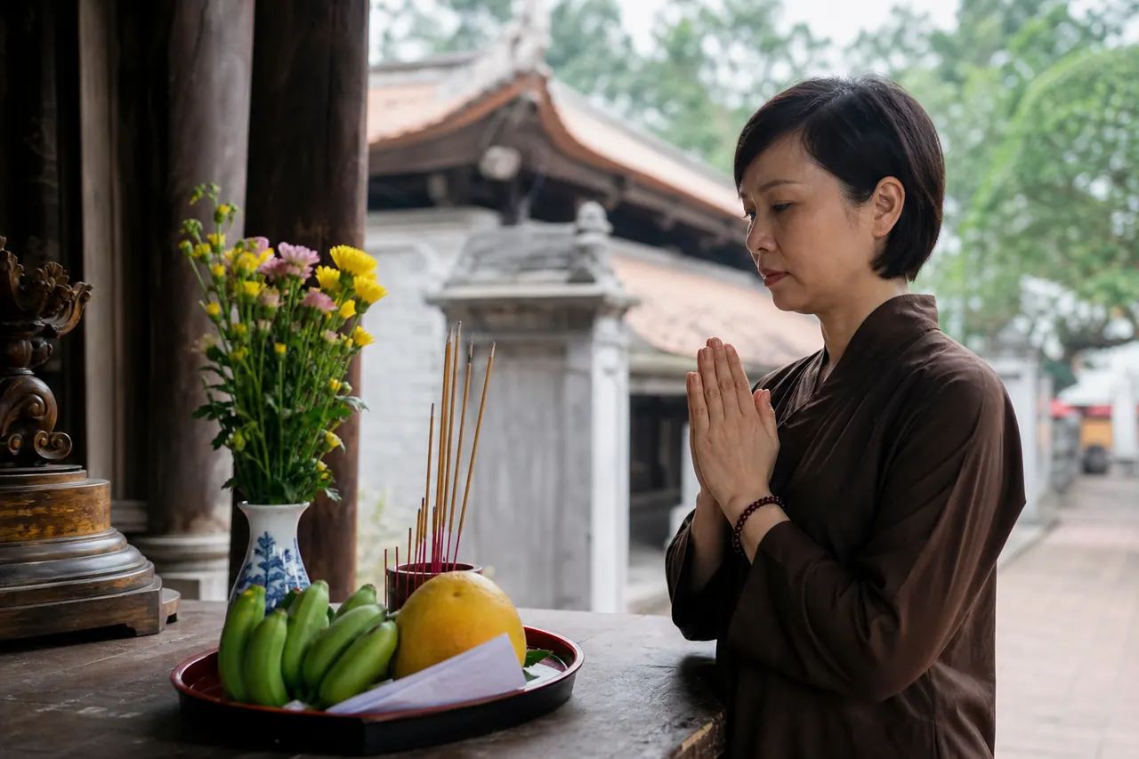 Mâm lễ nhỏ với hoa quả, hương và tờ khấn gọn đặt trên bàn gỗ cạnh không gian thờ tự truyền thống