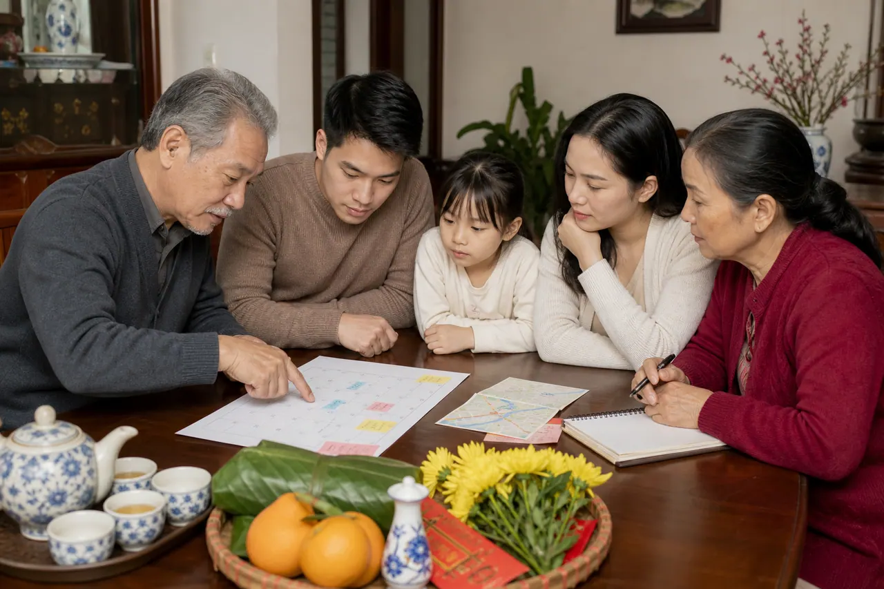 Gia đình Việt nhiều thế hệ cùng xem lịch và chuẩn bị lễ gọn trước khi ghé đình đền miếu