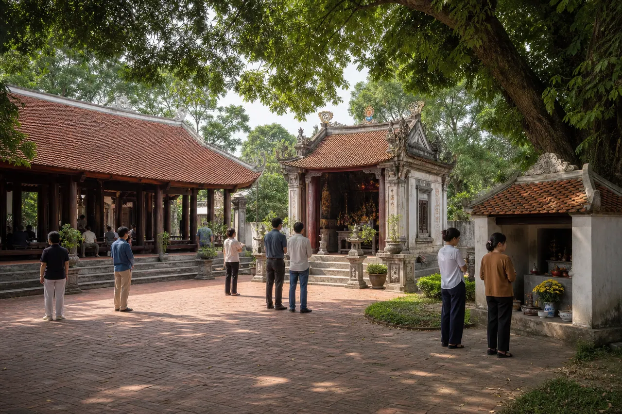 Không gian sân chung với đình làng, đền thờ và miếu nhỏ giúp người đọc nhìn rõ sự khác nhau giữa ba loại nơi thờ tự dân gian