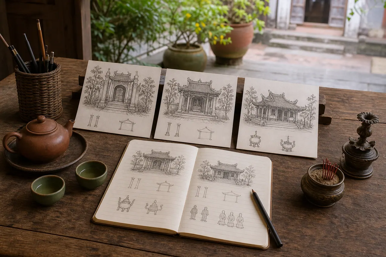 Bàn gỗ với các bản vẽ tay so sánh đình đền miếu giúp người đọc ghi nhớ khác biệt về chức năng và nếp ứng xử