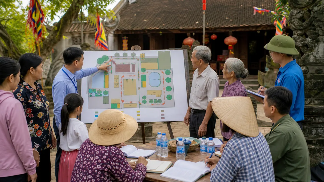 Gia đình và ban tổ chức cùng xem sơ đồ lối đi, điểm nghỉ và kế hoạch chuẩn bị cho ngày hội làng