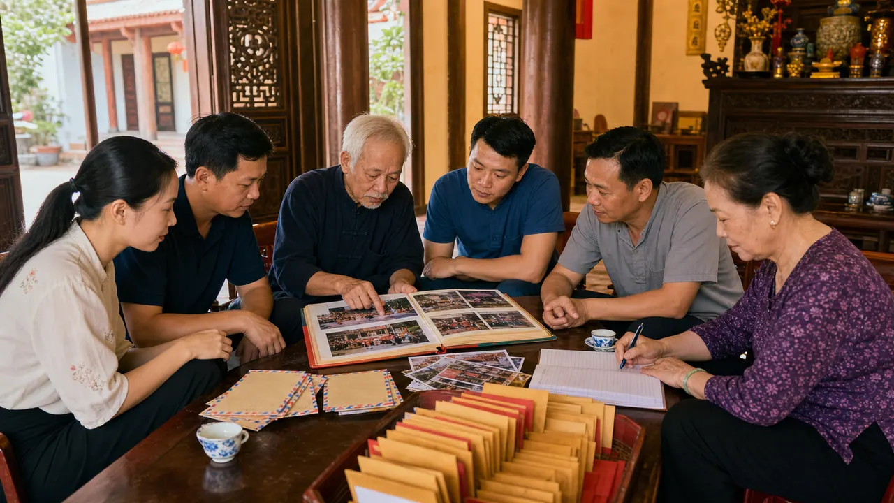 Các thành viên gia đình và ban tổ chức họp lại sau lễ hội để xem ảnh, ghi chép và rút kinh nghiệm